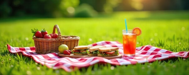 Sunny Summer Picnic Checkered Blanket, Fruit, Sandwiches, and Refreshing Drinks on a Grassy Field