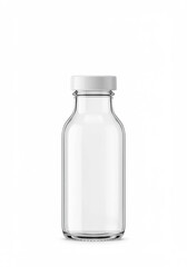 Clear glass bottle with white cap on a white background
