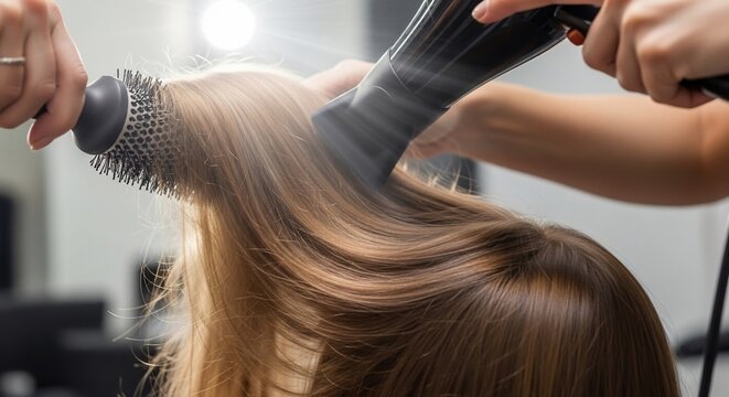 A professional hairstylist blow-dries a client's long, healthy brown hair using a round brush to create volume and shine in a salon. - Powered by Adobe