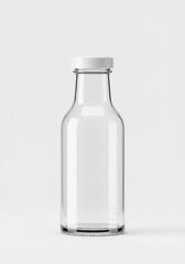 Empty clear glass bottle with white cap on white