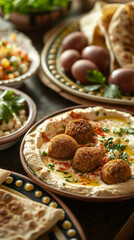 Serving of Hummus and Falafel with Pita Bread and Side Dishes