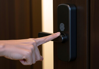 Naklejka premium Unlocking with Fingerprint Scanner on Modern Door