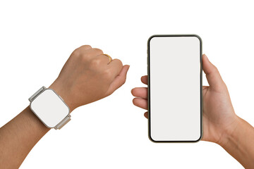 Hand holding smartphone with blank screen and wrist wearing smart watch isolated on white background