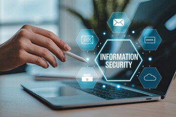 Person using a stylus on a laptop screen interacting with a digital interface displaying information security concepts and icons