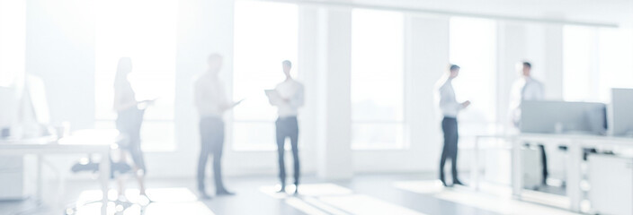 Obraz premium People in a bright office space with desks and large windows.