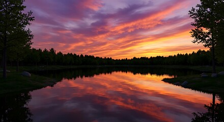 Obraz premium 燃えるような夕焼けと静寂の湖面
