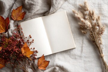 Autumn Leaves and Blank Notebook on Fabric Cozy Home Setting Aesthetic Photography