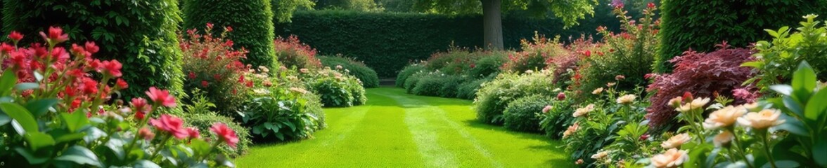 Obraz premium Lush Vibrant Garden Blooming Flowers and Mature Plants Create a Serene Outdoor Space, Perfect for Landscaping Design Inspiration and Beauty Development.