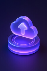 Cloud Upload Icon - Neon Data Storage, Data Transfer, Cloud Computing 3D Concept Dark Purple Minimal UI Style