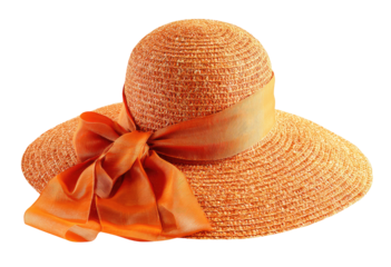 Orange straw sun hat with wide brim and ribbon