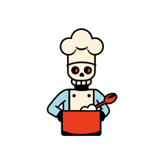 Skeleton chef cooking in a pot with a spoon