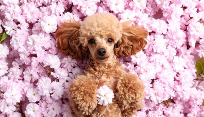 A cute white poodle puppy with pink flowers