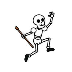 Cartoon skeleton dancing with a cane