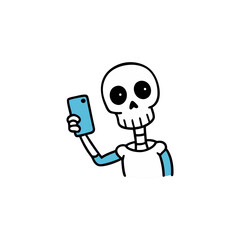 Cartoon skeleton taking a selfie with a blue smartphone