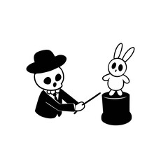 Skeleton magician performs a trick with a bunny