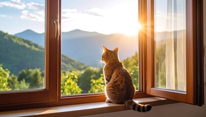 Cat watching sunset from window
