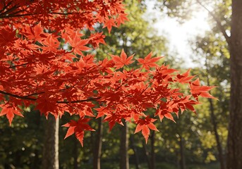 深紅の紅葉、光射す森