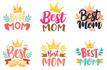 Vector art of a vibrant collection of best mom designs with crowns and floral accents for mothers day