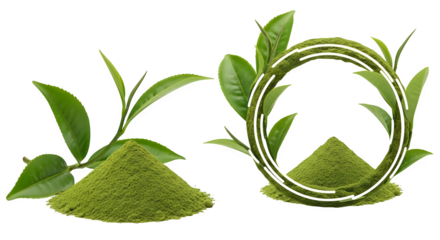 Two piles of matcha powder with green leaves and a circular white line design   ai generative, transparent background, white background.