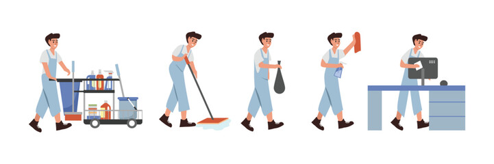Set of cleaning service activities. Office housekeeper. Janitor job. Cleaning service uniform. Corporate housekeeping. Office cleaning. Cleaning crew. Corporate housekeeper.