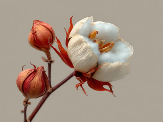Close up of cotton flower with buds on neutral background