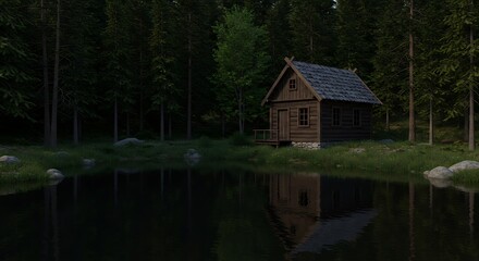 Fototapeta premium 森の静寂、湖に映る小屋