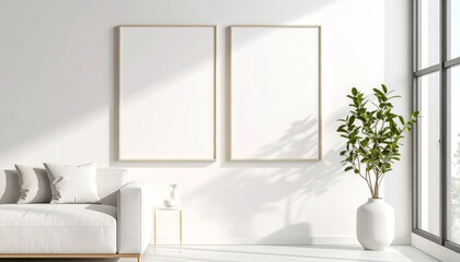 Bright interior featuring two blank framed posters on a white wall, a sofa, side table, plant, and window.