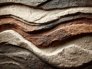 Close up of layered stone texture with earthy tones and curved patterns