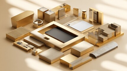 and keyword list based on the image

 Assembled Gold-Colored Metal Components with Black Screen on Platform, Studio Setting