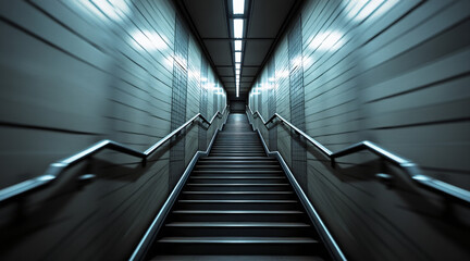 Dark Subway Staircase with Modern Lighting in a Symmetrical Perspective