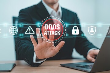 Businessman s hand reaching out to stop a digital ddos attack with security icons displayed on a futuristic interface