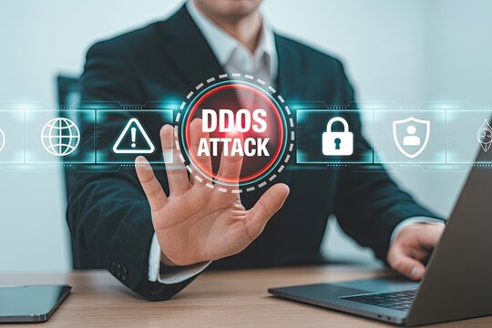 Businessman s hand reaching out to stop a digital ddos attack with security icons displayed on a futuristic interface
