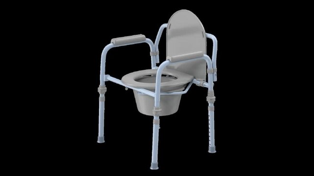 Portable bedside commode chair with adjustable height and armrests on transparent background