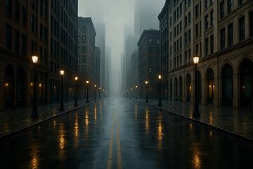 Fototapeta premium An empty city street on a foggy and rainy night with glowing street lamps.