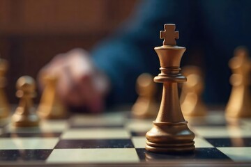 Strategic Chess Knight Contemplating the Next Move on a Classic Chessboard.  A powerful image depicting planning, foresight, and the strategic challenges of a game in progress.