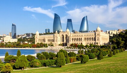 Obraz premium Cityscape with modern and traditional buildings by a lake