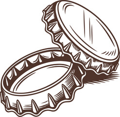 Two Brown Bottle Caps Floating in a White Background with Textured Edges and Light Reflection on the Surface