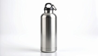 A stainless steel water bottle stands upright against a white background. The bottle has a black cap with a loop.