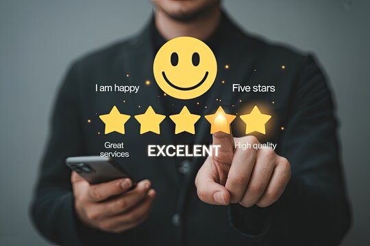 Customer selects four out of five stars for excellent service and high quality product experience on a digital interface