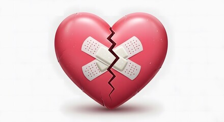 A vibrant, digitally rendered heart, split down the middle, mended with bandages.