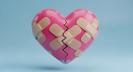 A digitally rendered, cracked pink heart patched with adhesive bandages, set against a soft blue background.