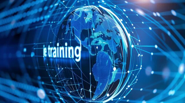 Online training digital globe network technology with futuristic blue light effect symbolizing global e learning and virtual education connections