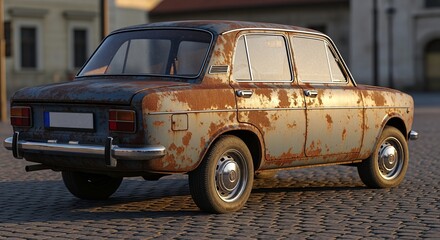 Vintage Rusty Car on Cobblestone Street Abandoned Weathered Blue Sedan