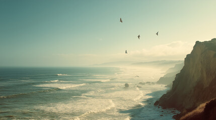 Happy Wednesday California coastline scenery waves birds cliffs misty tranquil scene