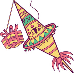 Vector art illustration of a funny clown holding a gift at a happy birthday party, with colorful celebration decorations