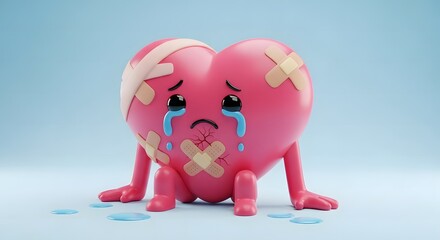 A sad, pink heart character with bandages, crying tears, and expressing heartbreak.