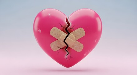 A glossy pink heart, cracked down the middle, mended with bandages, against a gradient background.