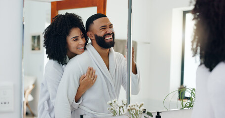 Mirror, laugh and hug with couple in bathroom for hygiene, morning routine and together in home....