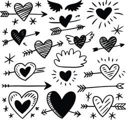 Romantic heart symbols with wings, arrows, and flying motion doodle-style love elements vector
