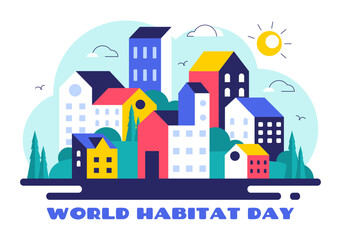 Fototapeta premium World Habitat Day Vector Illustration Featuring a Clean City, Natural Trees, and Urban Areas Representing Adequate Housing in a Flat Background